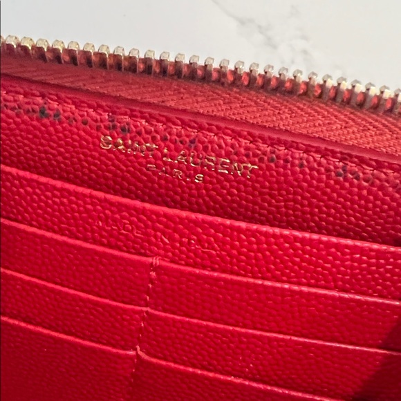 YSL SAINT LAURENT CASSANDRE MATELASSÉ LEATHER LONG ZIP AROUND WALLET RED - Picture 13 of 16